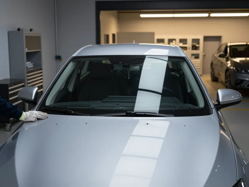 Ein Techniker in einer Autowerkstatt legt die Hand auf eine frisch eingesetzte Windschutzscheibe eines silbernen Autos.
