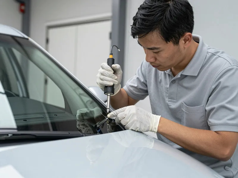 Ein Techniker repariert mit einem Spezialwerkzeug einen kleinen Riss in einer Autoscheibe in einem sauberen Werkstattwagen.