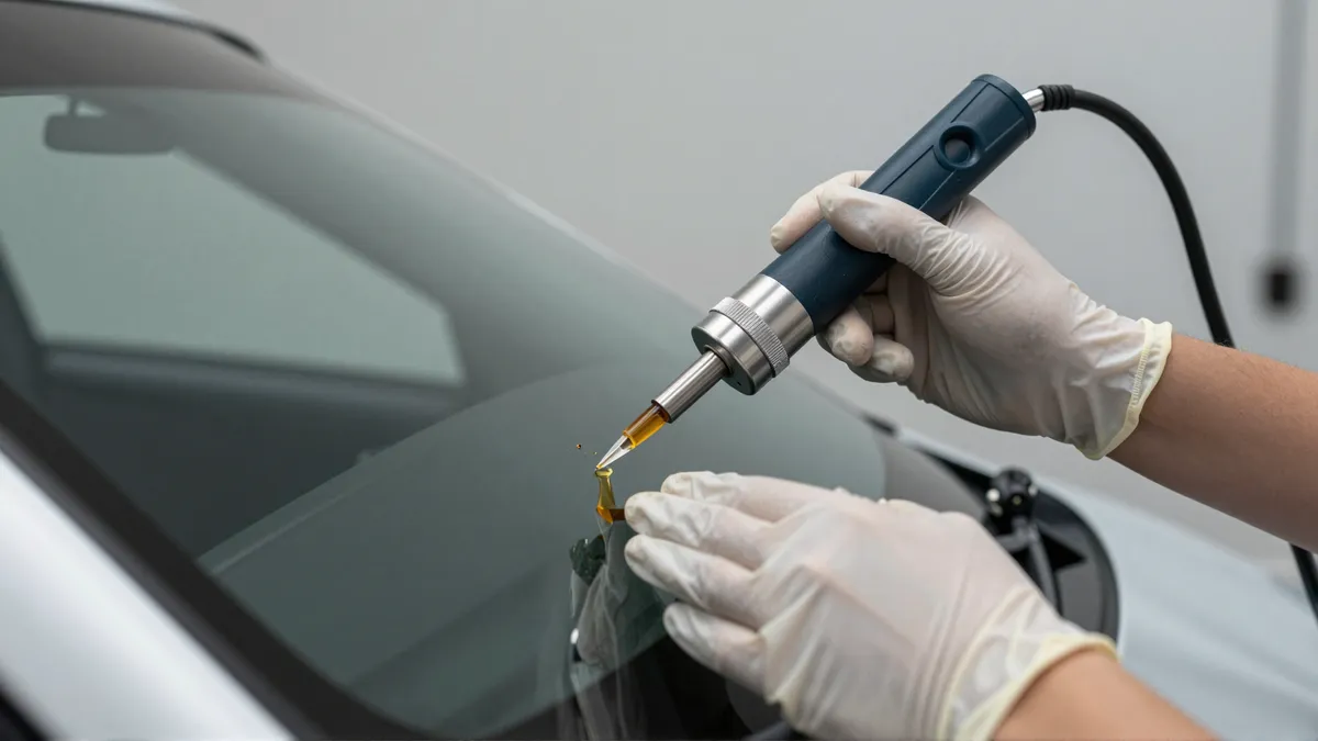 Ein Techniker repariert mit einem Harzwerkzeug einen Steinschlag in einer Autoscheibe.