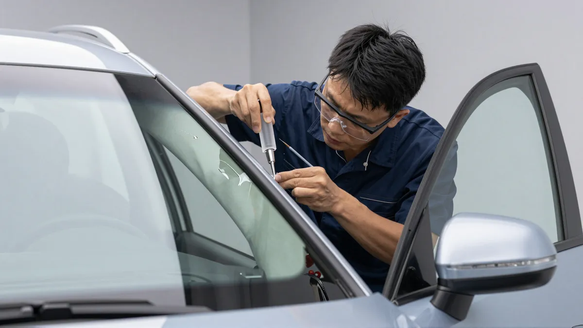 Ein Autoglastechniker repariert konzentriert einen Steinschlag in einer Windschutzscheibe.