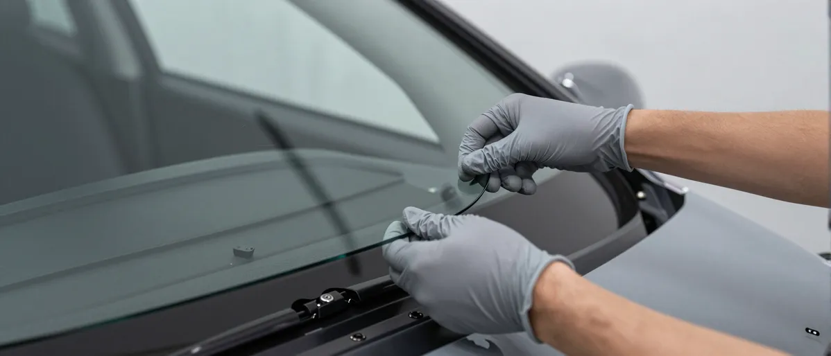 Ein Techniker in grauen Handschuhen setzt vorsichtig eine neue Autoscheibe in den Rahmen ein.