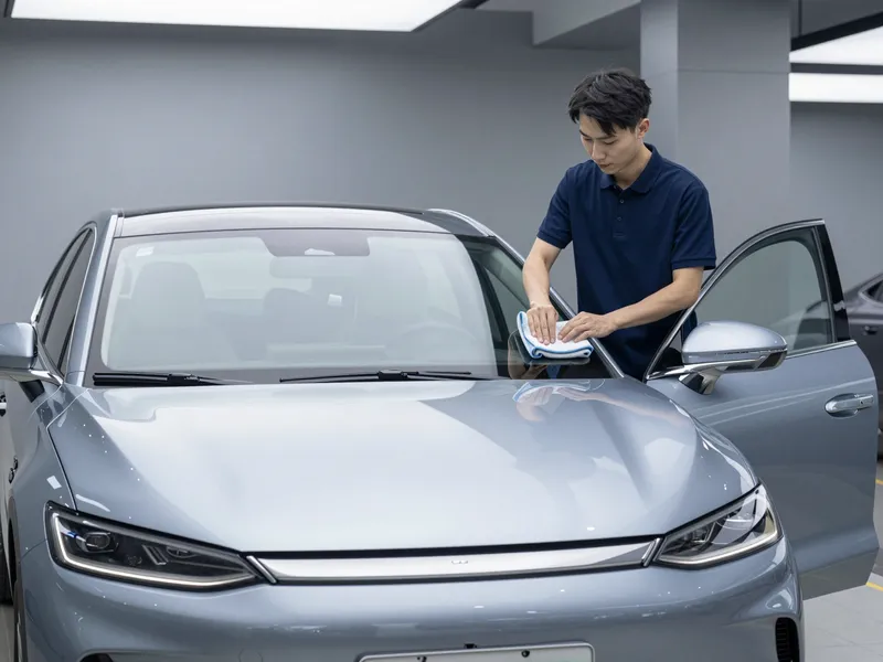 Ein Techniker in blauem Polo prüft die neue Windschutzscheibe eines silbernen Autos vor einer Werkstatt.