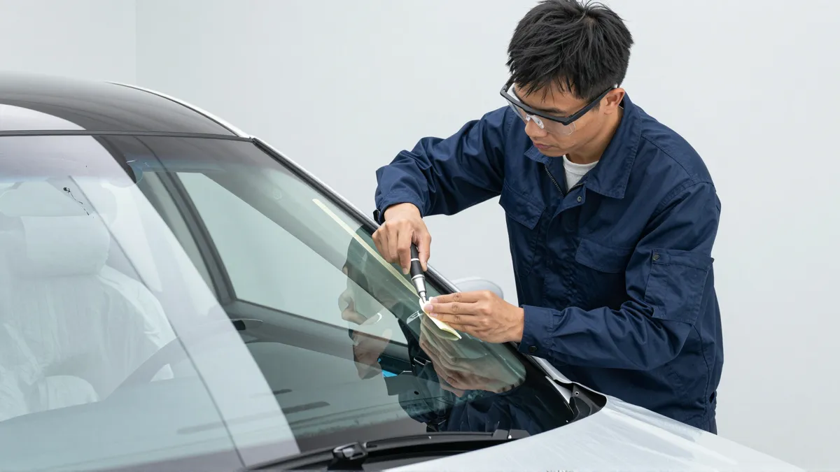Ein Techniker in blauer Arbeitskleidung appliziert präzise Kleber auf eine neue Autoscheibe in einer modernen Werkstatt.