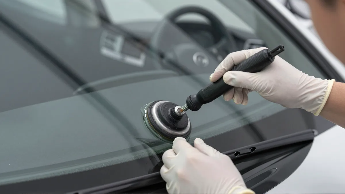 Ein Techniker repariert mit Harz einen Steinschlag in einer Autoscheibe in einer Werkstatt.