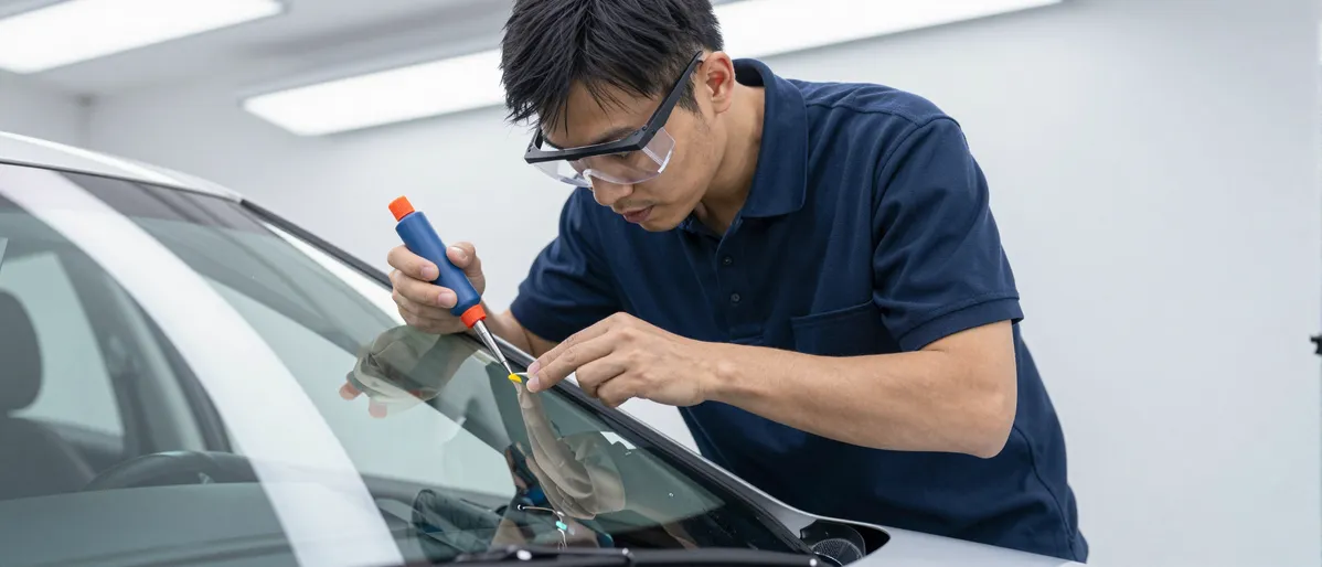 Ein Kfz-Techniker repariert mit konzentrierten Händen einen Steinschlag in einer Autoscheibe.