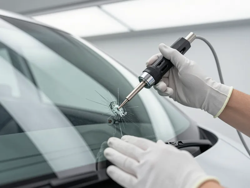 Eine Hand in weißen Handschuhen repariert mit einem Werkzeug einen sternförmigen Riss in einer Autoscheibe.