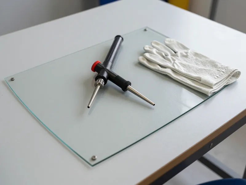 Werkzeuge und Materialien fuer die Autoglasreparatur liegen auf einer Werkbank