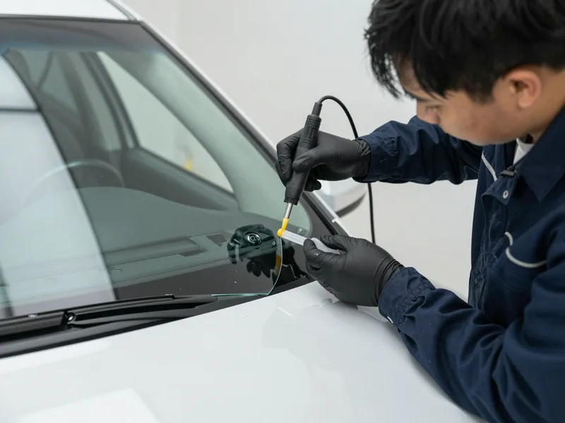 Werkzeuge und Materialien fuer die Autoglasreparatur liegen auf einer Werkbank