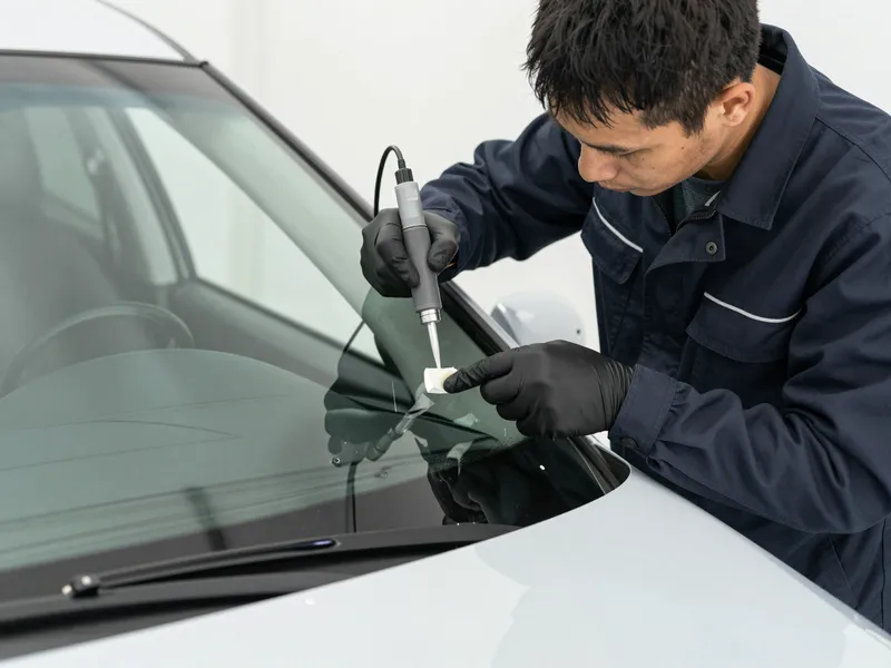 Werkzeuge und Materialien fuer die Autoglasreparatur liegen auf einer Werkbank