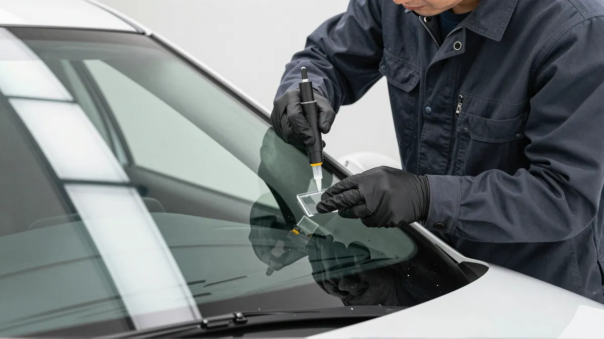 Werkzeuge und Materialien fuer die Autoglasreparatur liegen auf einer Werkbank