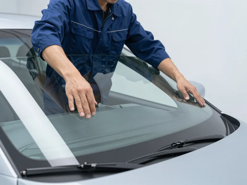 Ein Techniker in blauer Arbeitskleidung setzt eine neue Windschutzscheibe in ein modernes Auto ein.