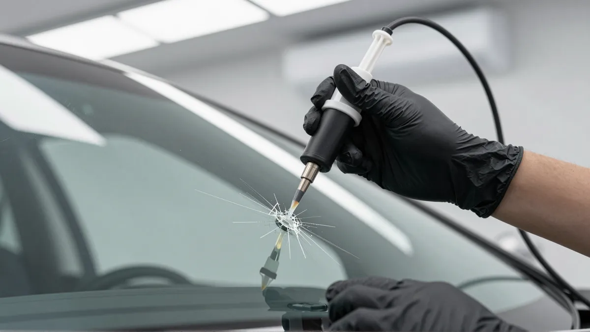 Ein Techniker in schwarzen Handschuhen repariert mit Harz einen sternförmigen Riss in einer Autoscheibe.