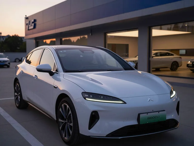 Ein Luxus-Sedan steht bei Dämmerung vor einem modernen Autoservice-Zentrum, sein neuwertiges Glas reflektiert die Abendsonne.