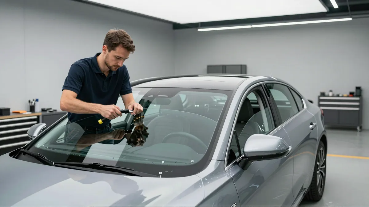 Ein Autoglastechniker installiert präzise eine neue Windschutzscheibe in einem modernen Fahrzeug.