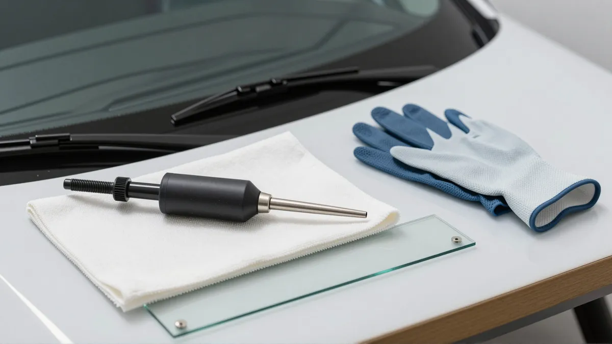 Werkstattbank mit Autoglas-Reparaturmaterialien: Harzapplikator, Saugwerkzeug, Mikrofasertuch und Schutzhandschuhe neben