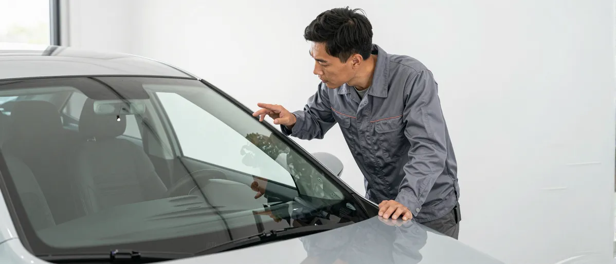 Ein Autoglas-Berater erklaert einem Kunden die Reparatur an einer Autoscheibe