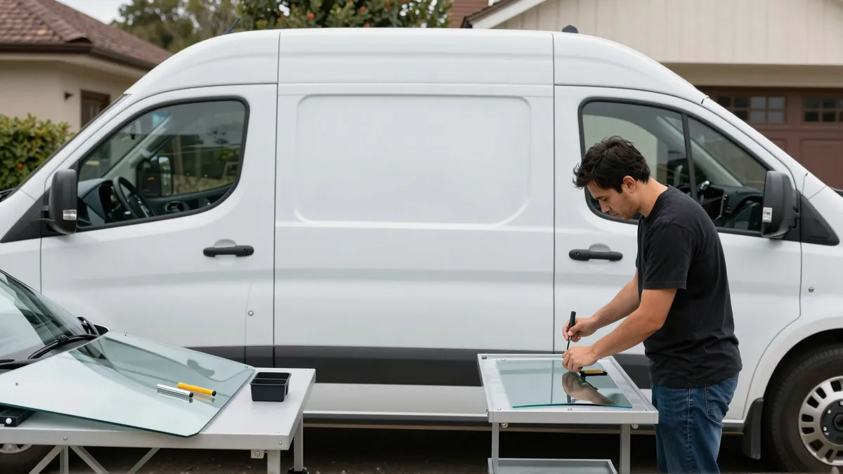 Werkzeuge und Materialien fuer die Autoglasreparatur liegen auf einer Werkbank