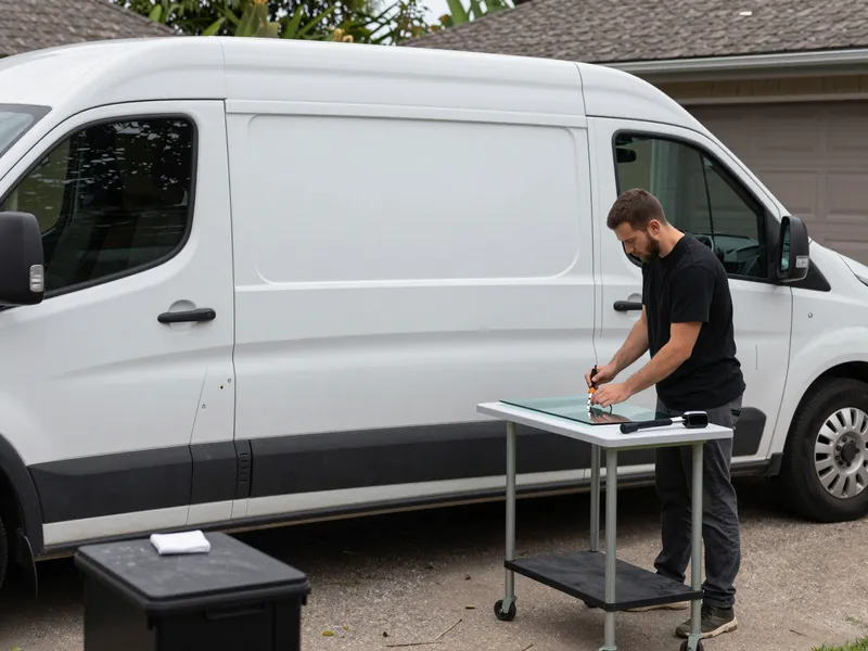 Werkzeuge und Materialien fuer die Autoglasreparatur liegen auf einer Werkbank
