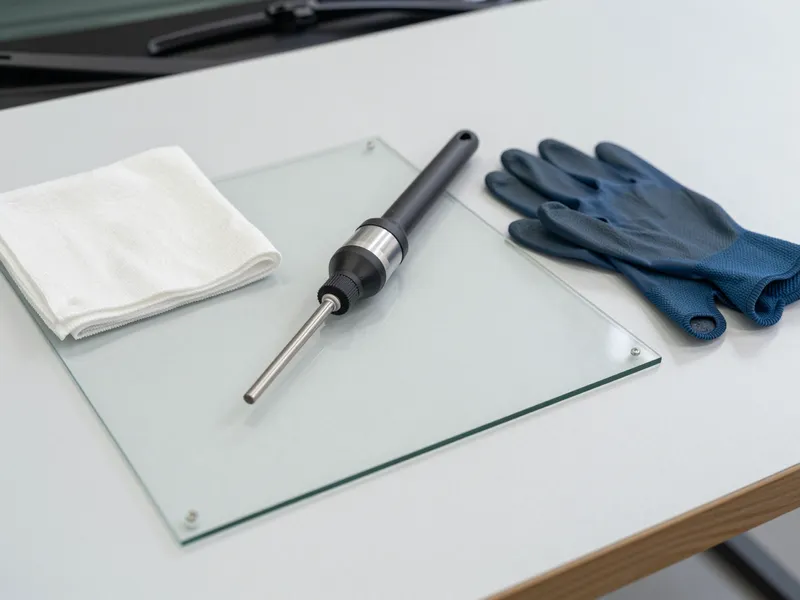 Werkzeuge und Materialien fuer die Autoglasreparatur liegen auf einer Werkbank