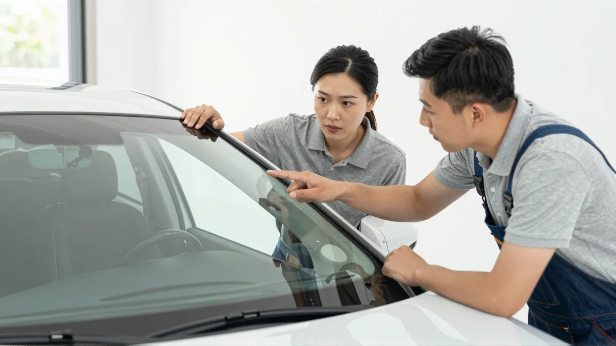 Ein Autoglas-Berater erklaert einem Kunden die Reparatur an einer Autoscheibe