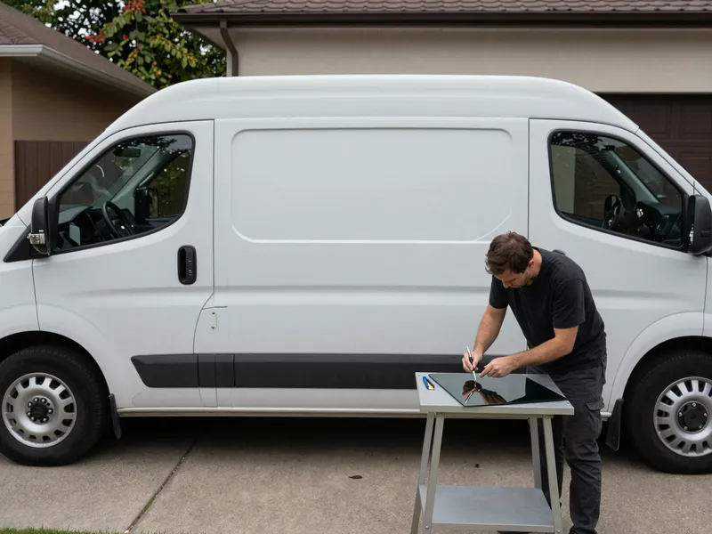 Werkzeuge und Materialien fuer die Autoglasreparatur liegen auf einer Werkbank