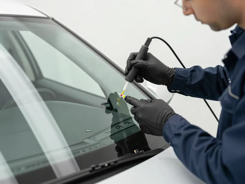 Werkzeuge und Materialien fuer die Autoglasreparatur liegen auf einer Werkbank