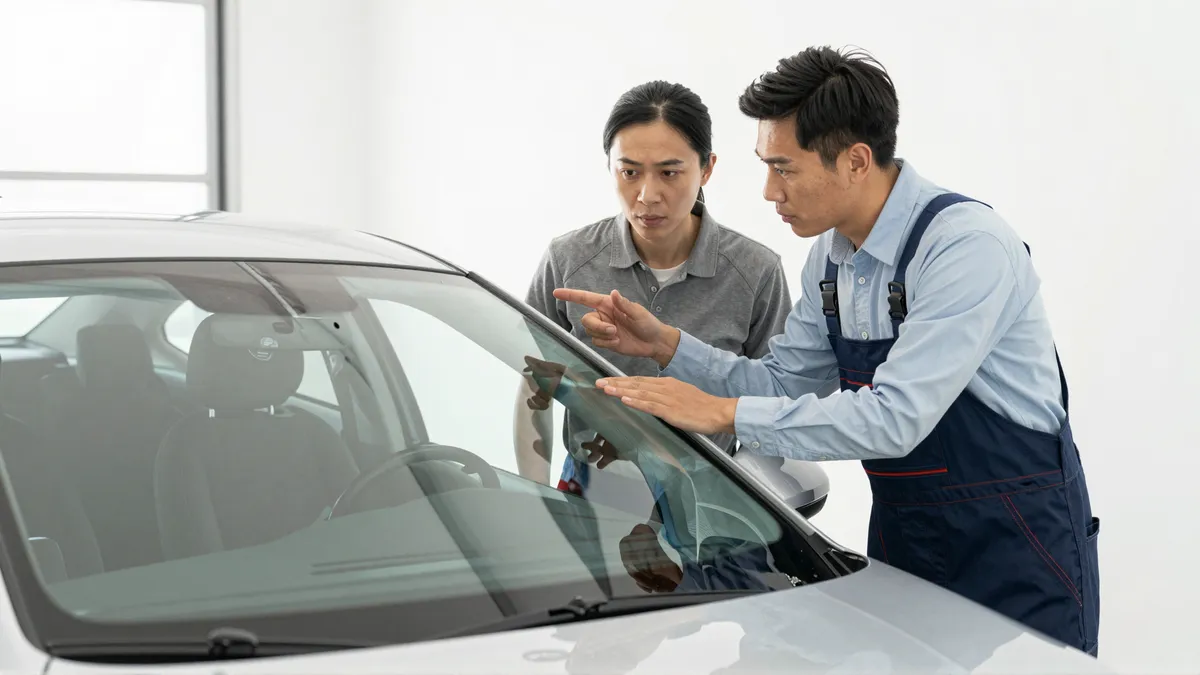 Ein Autoglas-Berater erklaert einem Kunden die Reparatur an einer Autoscheibe