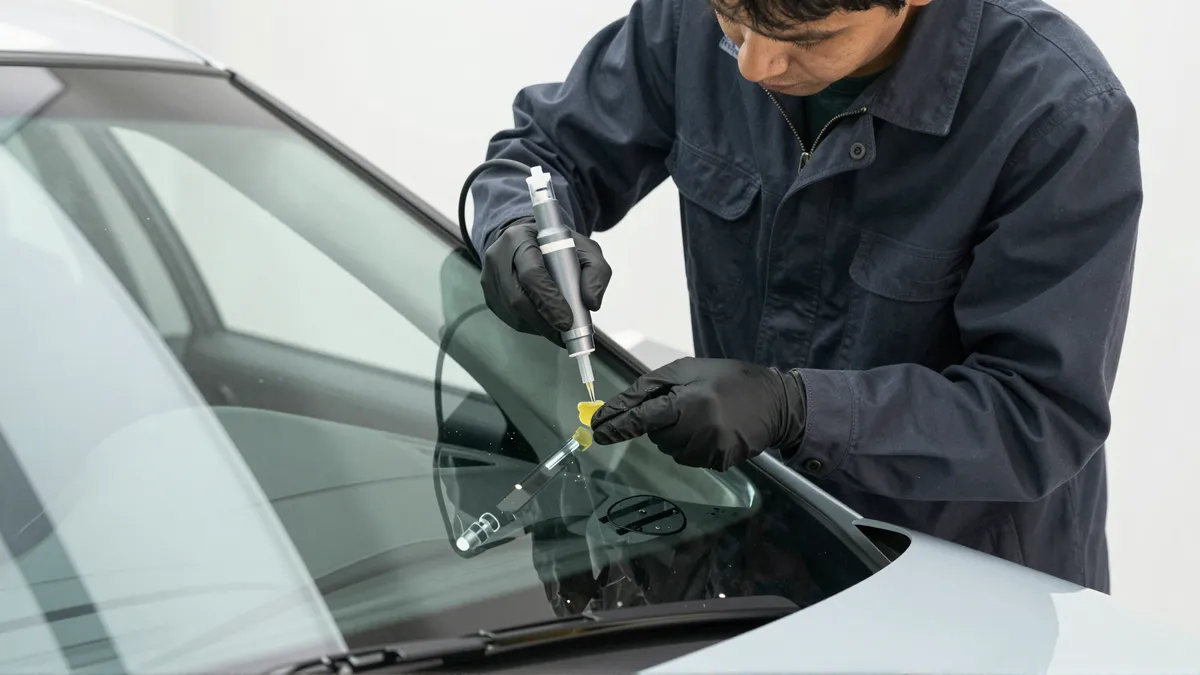 Werkzeuge und Materialien fuer die Autoglasreparatur liegen auf einer Werkbank