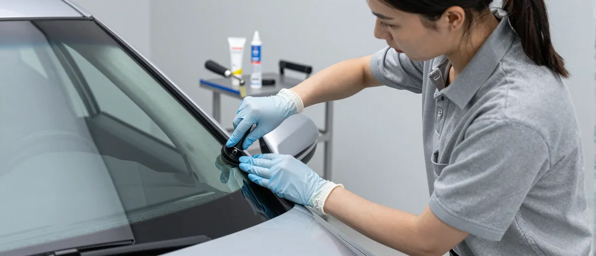 Eine Autoglas-Technikerin prüft präzise die Dichtung einer neu eingesetzten Windschutzscheibe an einem silbernen Auto.