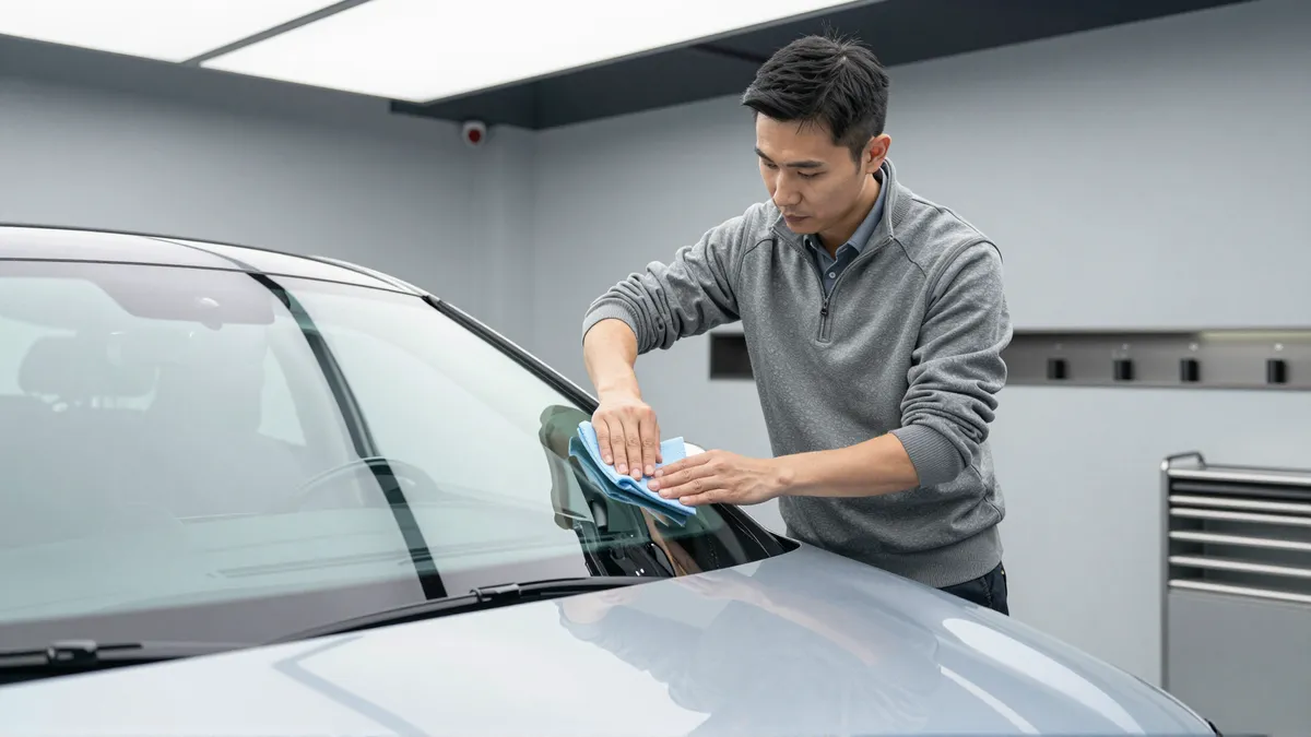 Ein Techniker in grauer Arbeitskleidung poliert die Windschutzscheibe eines silbernen Luxusautos in einer hellen Werkstatt.