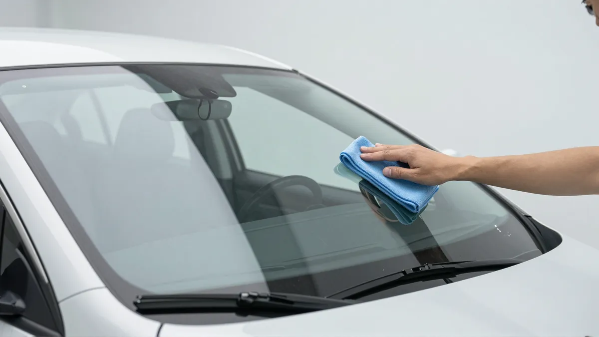 Werkzeuge und Materialien fuer die Autoglasreparatur liegen auf einer Werkbank
