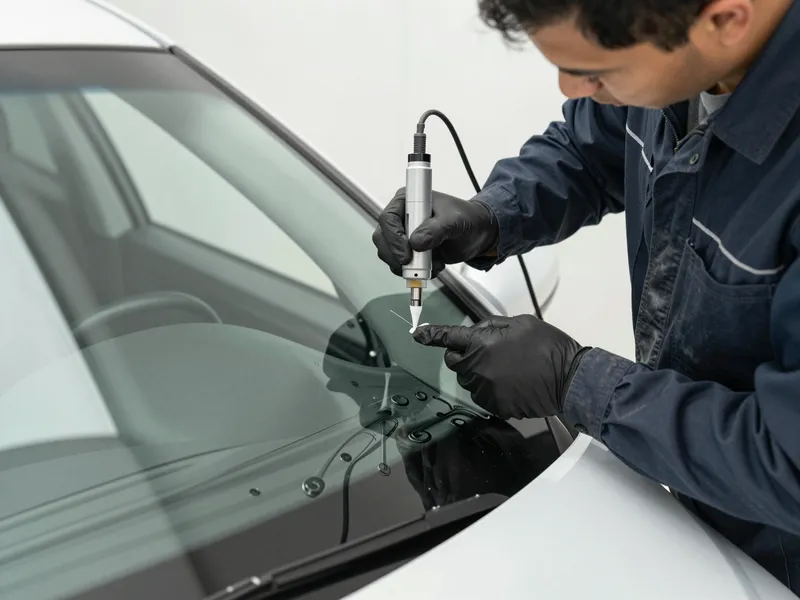 Werkzeuge und Materialien fuer die Autoglasreparatur liegen auf einer Werkbank