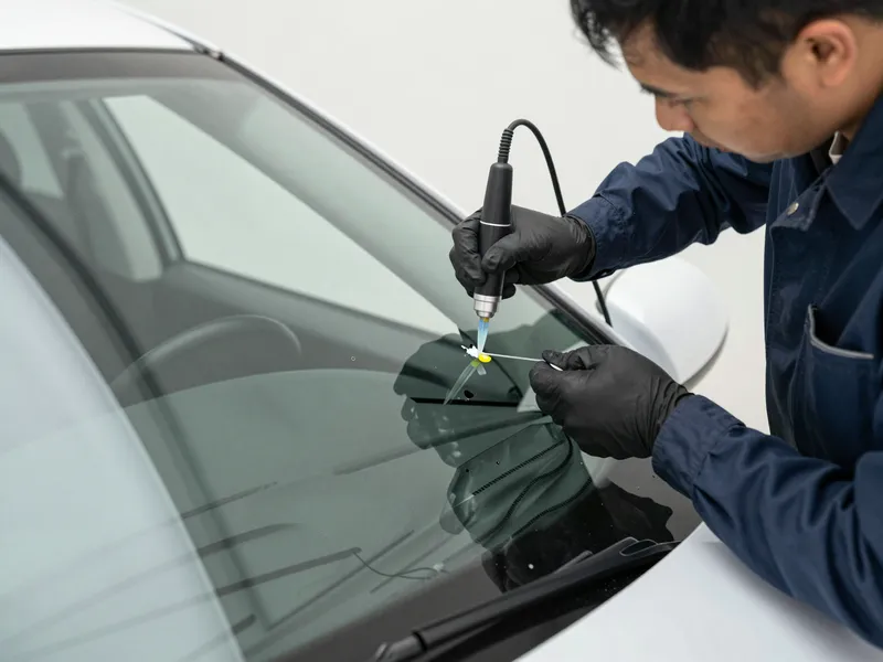 Werkzeuge und Materialien fuer die Autoglasreparatur liegen auf einer Werkbank