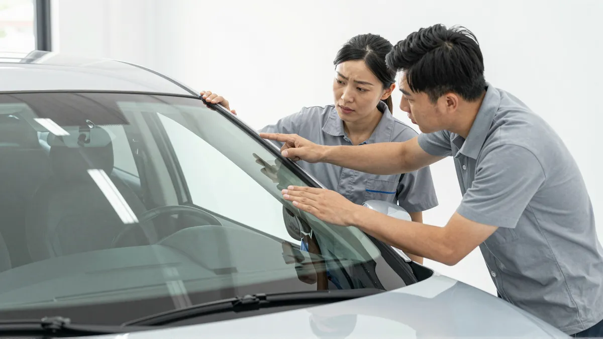 Ein Autoglas-Berater erklaert einem Kunden die Reparatur an einer Autoscheibe