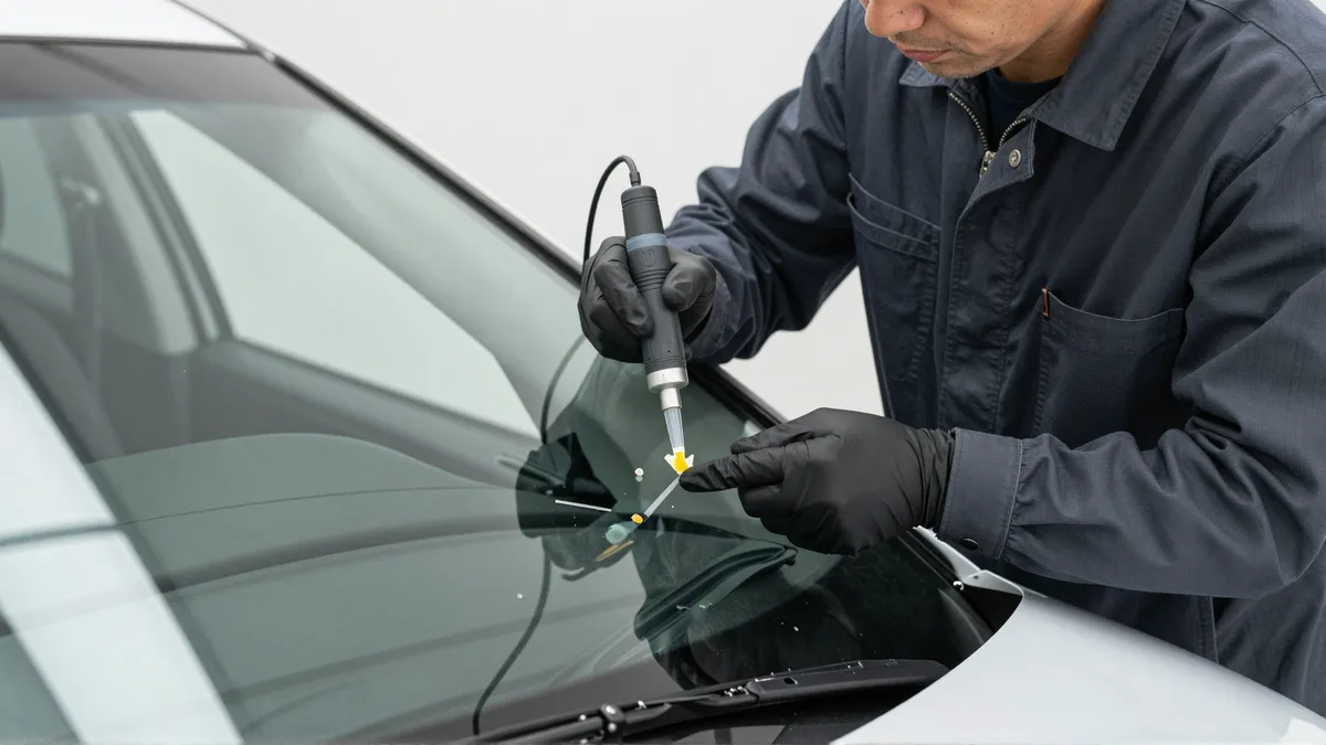 Werkzeuge und Materialien fuer die Autoglasreparatur liegen auf einer Werkbank