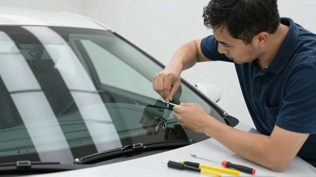 Werkzeuge und Materialien fuer die Autoglasreparatur liegen auf einer Werkbank
