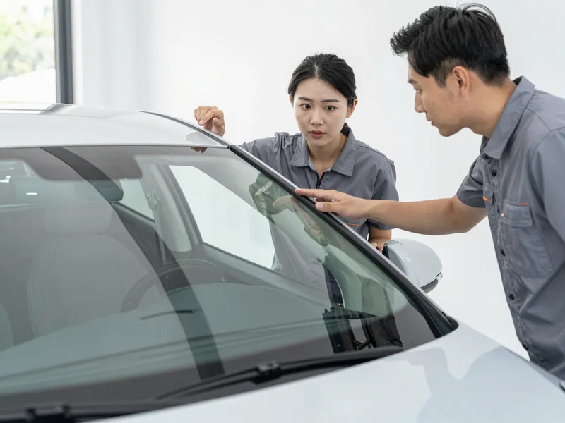 Ein Autoglas-Berater erklaert einem Kunden die Reparatur an einer Autoscheibe