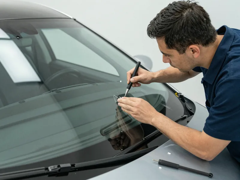 Werkzeuge und Materialien fuer die Autoglasreparatur liegen auf einer Werkbank