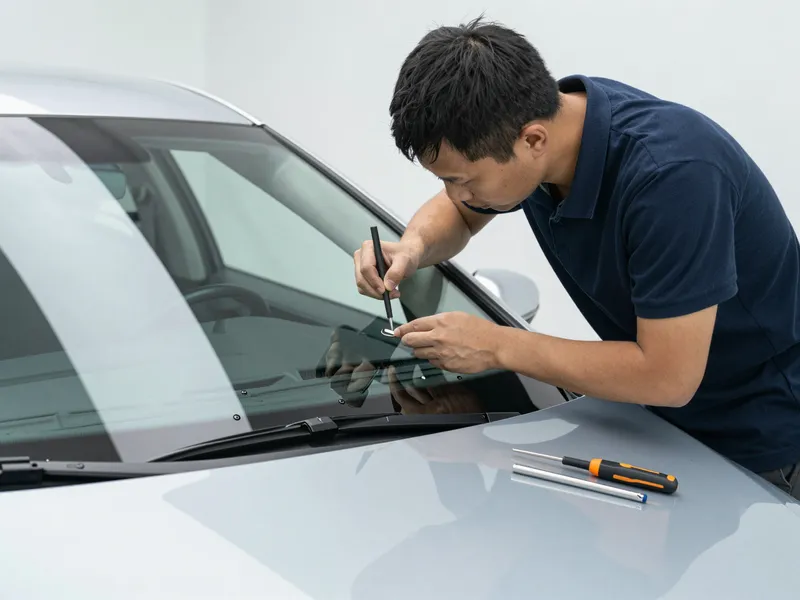 Werkzeuge und Materialien fuer die Autoglasreparatur liegen auf einer Werkbank