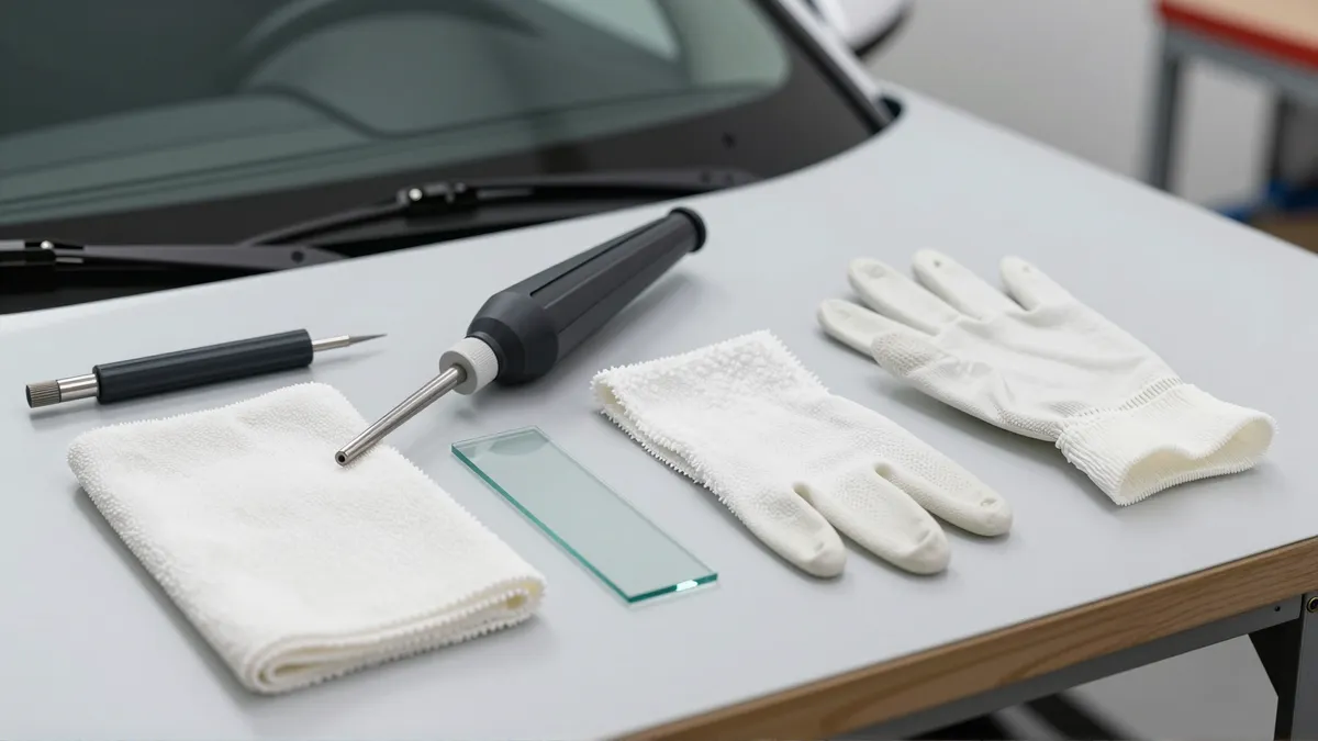 Werkzeuge und Materialien fuer die Autoglasreparatur liegen auf einer Werkbank