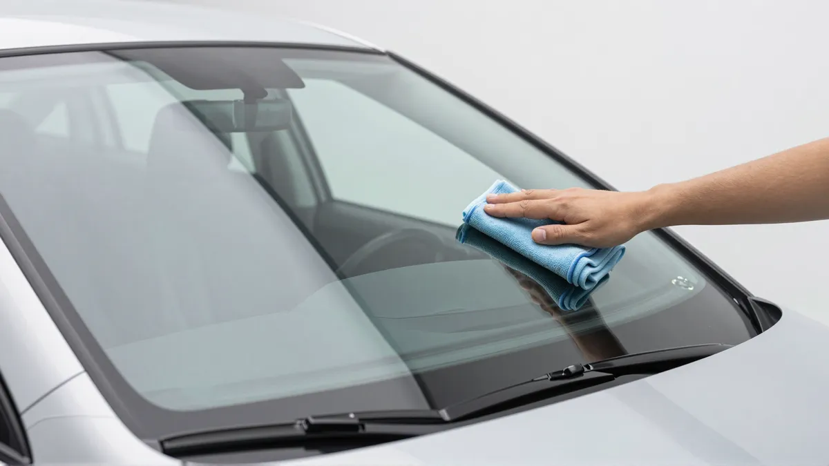 Ein Techniker poliert die Windschutzscheibe eines modernen Autos in einer hellen Werkstatt.