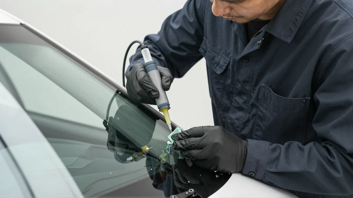 Ein Handwerker repariert einen Steinschlag in einer Autoscheibe in einer hellen Werkstatt.