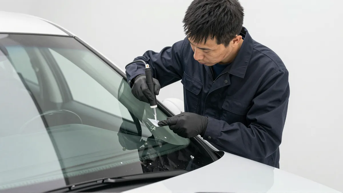 Werkzeuge und Materialien fuer die Autoglasreparatur liegen auf einer Werkbank
