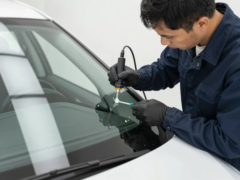 Werkzeuge und Materialien fuer die Autoglasreparatur liegen auf einer Werkbank