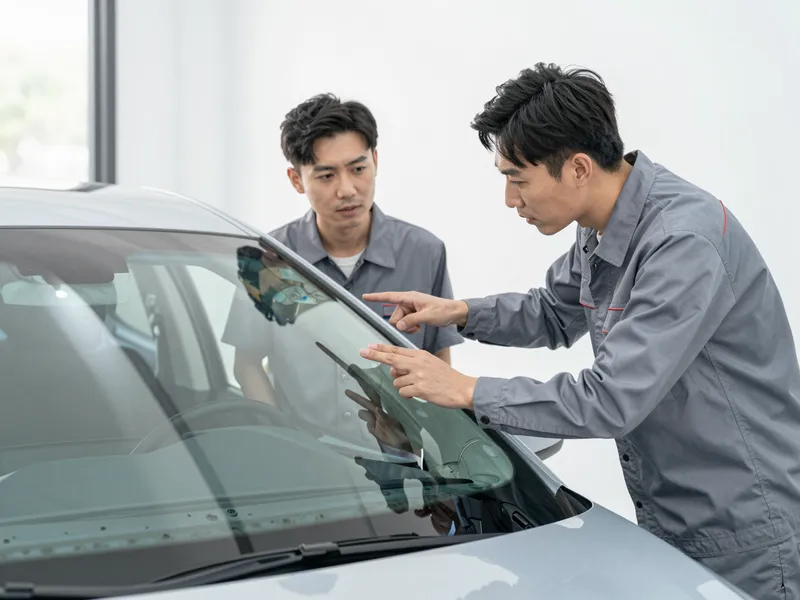 Ein Autoglas-Berater erklaert einem Kunden die Reparatur an einer Autoscheibe