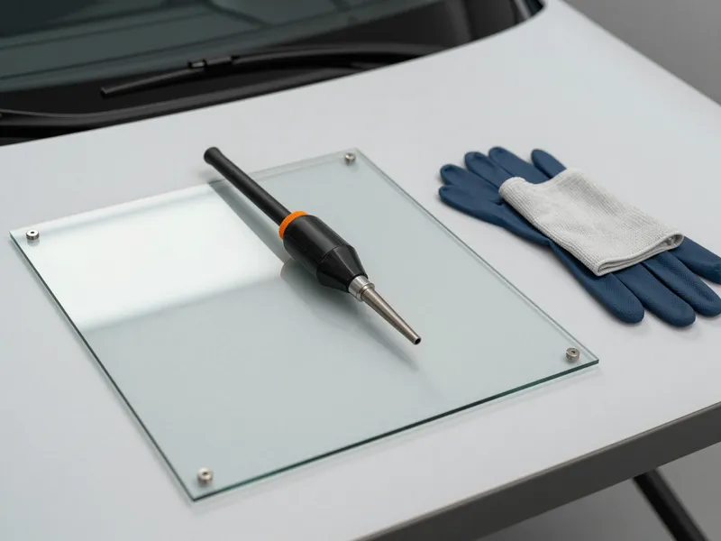 Werkzeuge und Materialien fuer die Autoglasreparatur liegen auf einer Werkbank