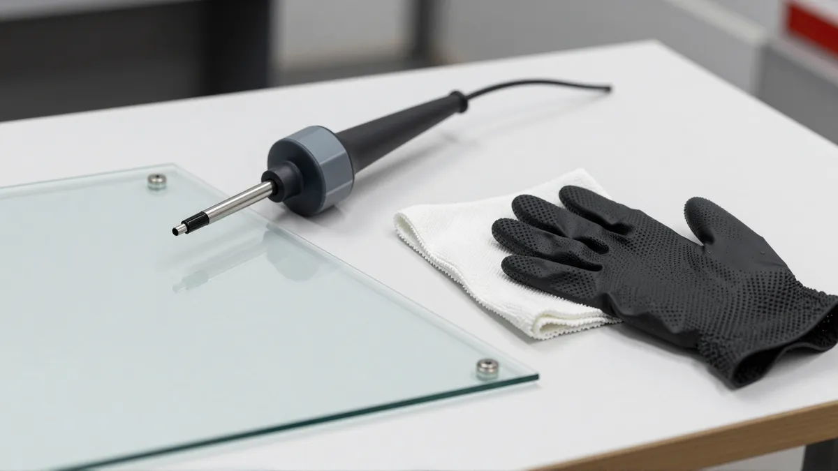 Werkzeuge und Materialien fuer die Autoglasreparatur liegen auf einer Werkbank