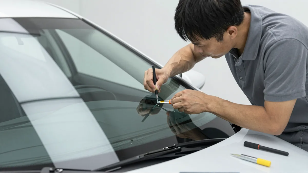 Werkzeuge und Materialien fuer die Autoglasreparatur liegen auf einer Werkbank