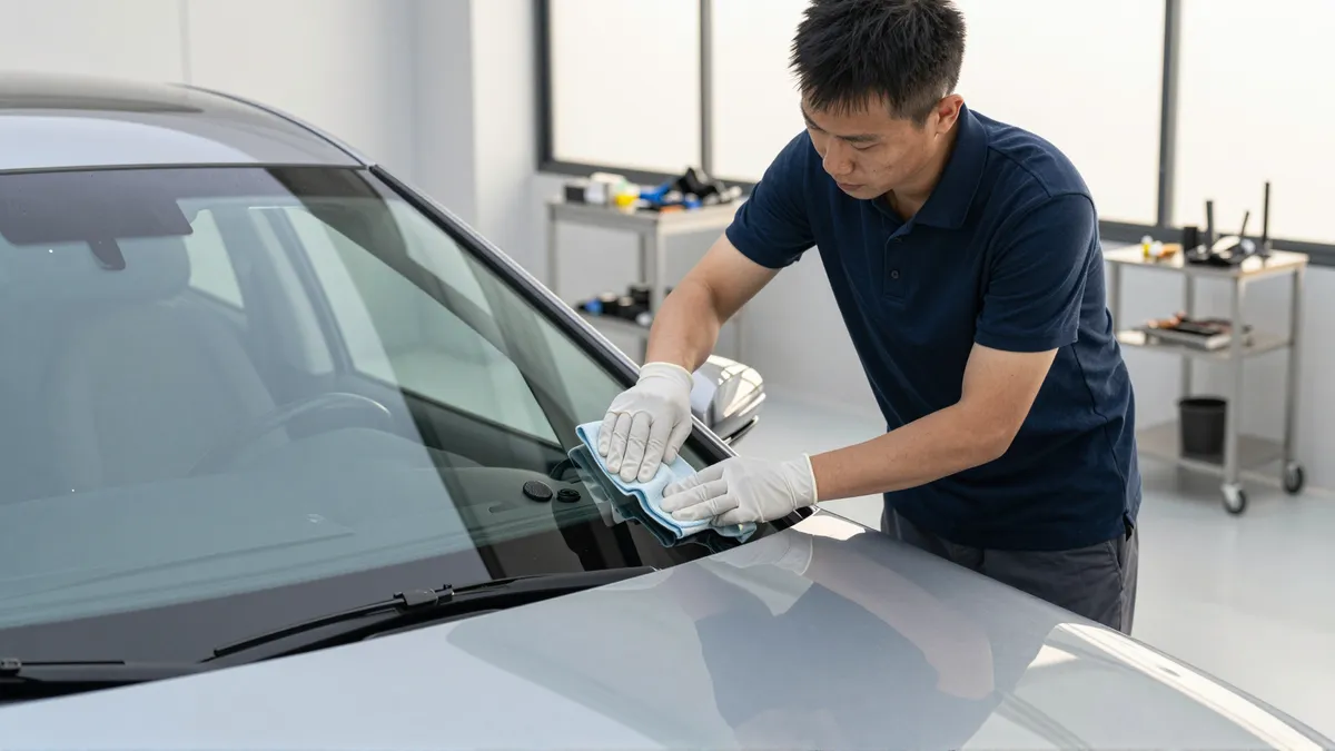 Ein Autoglastechniker prüft die frische Windschutzscheibe eines silbernen Autos in einer sauberen Werkstatt.