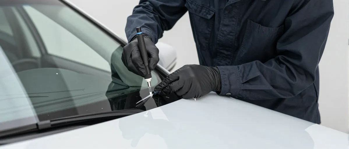 Werkzeuge und Materialien fuer die Autoglasreparatur liegen auf einer Werkbank